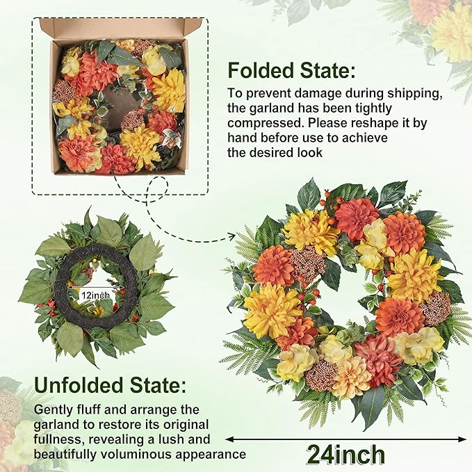 24-Inch Spring Wreath for Front Door with Hydrangeas Dahlias Daisy Silk Flowers and Berry Greenery for All Seasons Indoor Outdoor Wedding Farmhouse Porch Wall Living Room Home Wedding Decor
