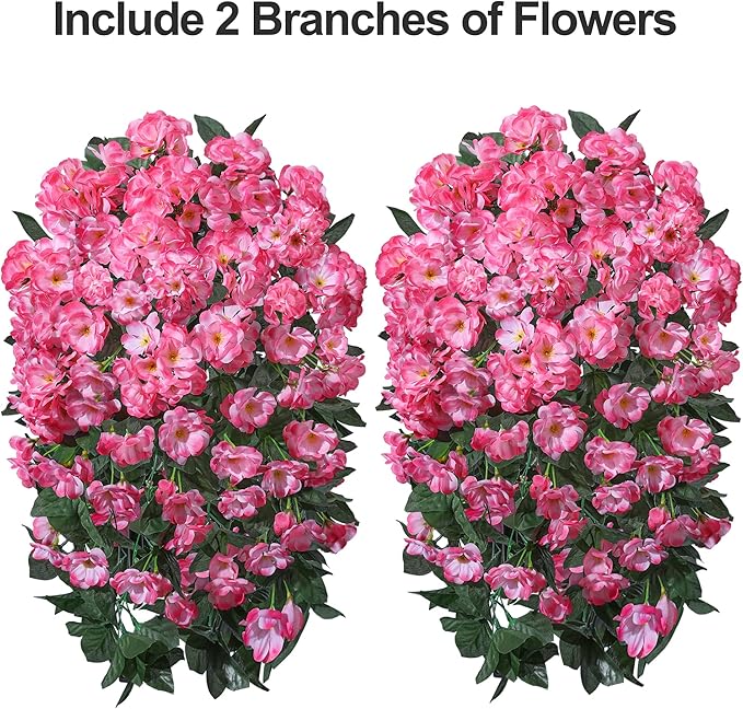 Faux Geraniums Artificial Flowers for Outdoors Spring Porch Outside Decor, 2PCS Hotpink Silk Geraniums Vines Fake Hanging Plants UV Resistant Look Real for Outdoor Planters Patio Garden Balcony Home