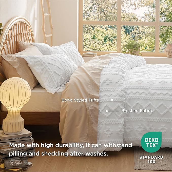 Bedsure Boho Duvet Cover Queen Size, Soft & Comfortable Elegant Design Boho Bedding for Decoration, Machine Washable Comforter Cover for All Seasons,Includes 1 Duvet Cover & 2 Pillow Shams,White
