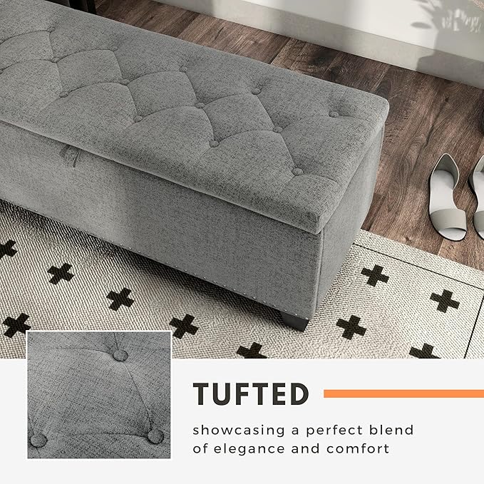 24/7 Shop at Home Sacallant Modern Linen Storage Bench with Button-Tufted Lift-Top, Upholstered Footstool, Rectangular Ottoman for Living Room, Bedroom, Entryway, Light Grey