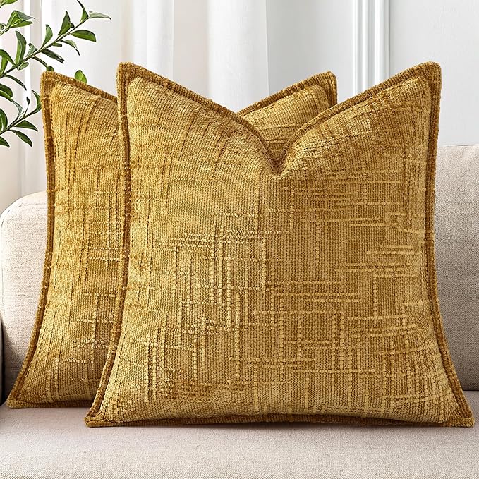 decorUhome Chenille Throw Pillow Covers 24x24 Set of 2, Thick Textured Slubby Neutral Decorative Pillow Covers with Elegant Design for Couch, Sofa, Living Room, Mustard Yellow
