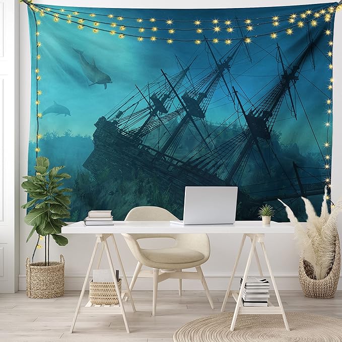 Ambesonne Nautical Tapestry, Dolphins Ruined Wreckage Underwater Sunken Ship Mystery Treasure, Fabric Wall Hanging Decor for Bedroom Living Room Dorm, 28" X 23", Blue Teal