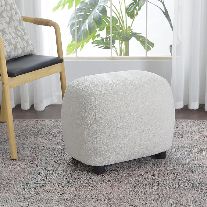 KINWELL Round Boucle Upholstered Ottoman Chair, Footstool with Soft Padded Seat, Fully Assembled Modern Sofa Couch Footrest, Extra Seating for Bedroom Entryway, Beige(18.5" D x 23" W x 16.5" H)
