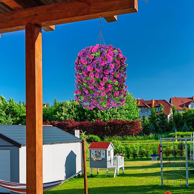 Artificial Flowers with Hanging Basket, Outdoor Faux Plants Silk Morning Glory Vines, Fake Green Arrangement for Garden Patio Spring Summer Decor(Purple Red Violet)