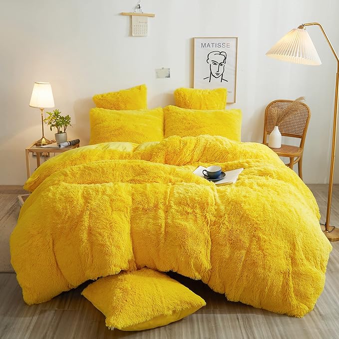 XeGe Plush Shaggy Duvet Cover Set, Luxury Ultra Soft Crystal Velvet Fluffy Furry Bed Set 2 Pieces(1 Faux Fur Fuzzy Comforter Cover + 1 Faux Fur Throw Pillow Case), Zipper Closure (Twin, Yellow)