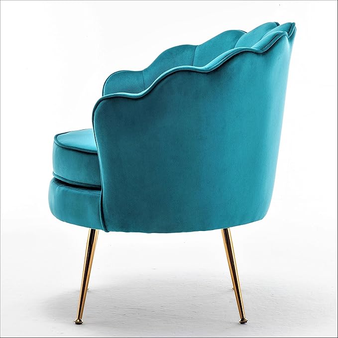 Velvet Barrel Accent Chair with Scalloped Silhouette and Gold Metal Legs, Decorative Piece Suitable for Traditional, Modern, and Contemporary Spaces, Greenish Blue