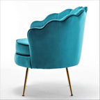 Velvet Barrel Accent Chair with Scalloped Silhouette and Gold Metal Legs, Decorative Piece Suitable for Traditional, Modern, and Contemporary Spaces, Greenish Blue