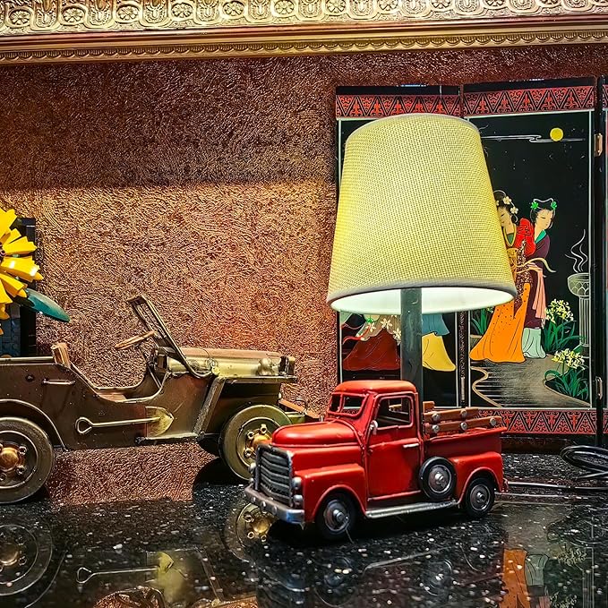 Berfutall-Decorative Rustic Red Vintage Truck USB Table Lamp，Night Light with Burlap Shade, 6.7 x 4.7 x 6.7 inches