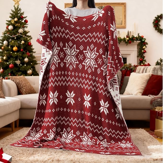 WRENSONGE Christmas Throw Blanket, Red Snowflake Pattern, Soft Cozy Fluffy Warm Throw Blankets for Couch, Sofa, Chair, Bed, Camping, Picnic, Travel Lightweight Bed Blanket - 50"*60"