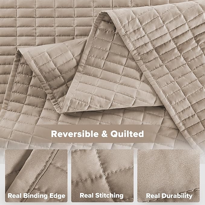 Comfort Spaces Kienna Quilt Set- Double Sided Stitching Design Summer Blanket, Lightweight, Soft, All Season Bedding Layer, Matching Sham, Taupe, Coverlet Full/Queen(90"x90") 3 Piece