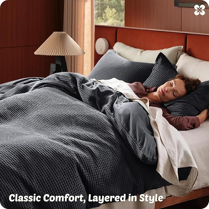 Bedsure Cotton Duvet Cover Set - 100% Cotton Waffle Weave Charcoal Duvet Cover Oversized Queen Size, GentleSoft™ and Breathable Bedding Set for All Season, 3 Pieces, 98"x98"