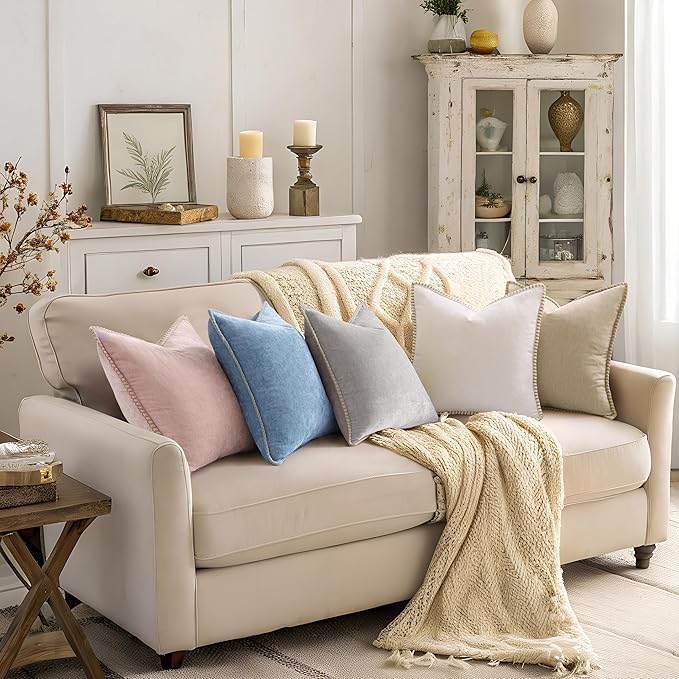 decorUhome Spring Chenille Soft Cozy Throw Pillow Covers 18x18 Set of 2, Modern Farmhouse Boho Velvet Decorative Pillow Cases with Stitched Edge for Couch Sofa Bed Home Decor, Beige