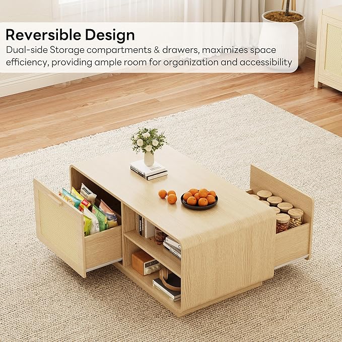 LIKIMIO 39.4" Rattan Coffee Table with Storage Drawers, Safety Curved Corners & 4-Tier Adjustable Shelves, Sturdy Base, Wood Center Table for Living Room, Natural