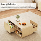 LIKIMIO 39.4" Rattan Coffee Table with Storage Drawers, Safety Curved Corners & 4-Tier Adjustable Shelves, Sturdy Base, Wood Center Table for Living Room, Natural
