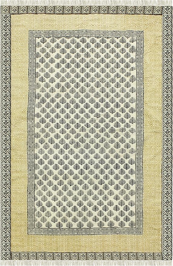 Kilim Rug 5' Square Rug Beige & Black Cotton Dhurrie Oriental Thick 0.19 inches Stone Easy Washable Rug Hand Wash Cotton Carpet Flatweave Rug Indoor Outdoor Rugs for Kitchen, Bedside, Enterway
