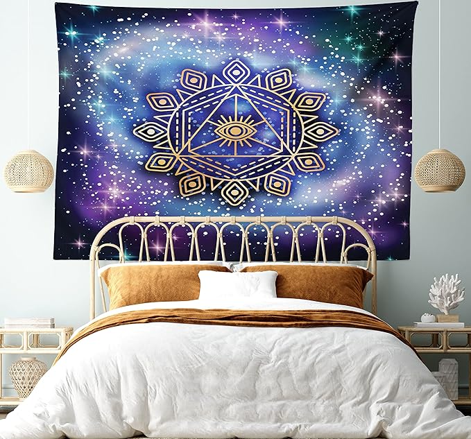 Ambesonne Geometry Tapestry, Celestial and Terrestrial Harmony of Cosmos Mandala Form on Nebula Art, Fabric Wall Hanging Decor for Bedroom Living Room Dorm, 45" X 30", Indigo