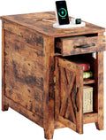 IRONCK End Table with Charging Station, Narrow Side Table for Living Room, Farmhouse Night Stand for Bedroom, Bedside Table with Storage and Drawer for Home, Vintage Brown
