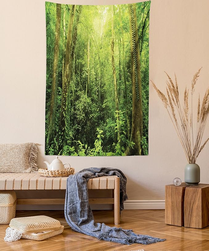 Ambesonne Rainforest Tapestry Queen Size, Tropical Rainforest Landscape Malaysia Asia Green Tree Trunks Uncultivated Wood Print, Wall Hanging Bedspread Bed Cover Wall Decor, 88" X 88", Green Yellow