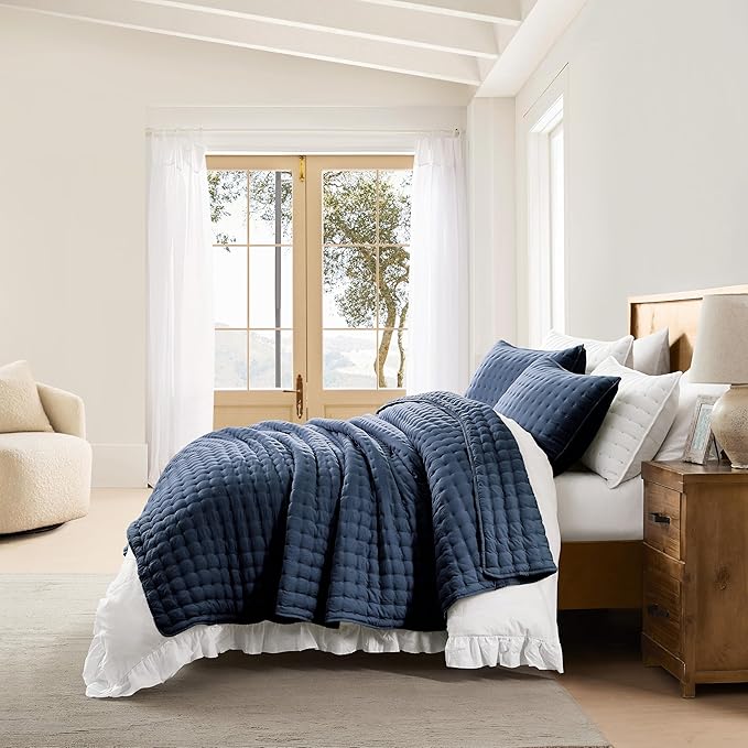 WDCOZY Navy Blue Queen Size Quilt Bedding Sets with Pillow Shams, Lightweight Soft Bedspread Coverlet, Quilted Blanket Thin Comforter Bed Cover, All Season Summer Spring, 3 Pieces, 90x90 inches