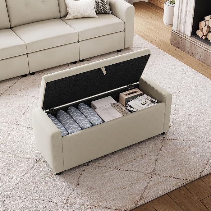 LINSY 50 Inches Wide Storage Ottoman Bench, Upholstered Foot Rest Stool, Long Bench Footstool, Couch Ottoman, Ottomans for Living Room, Entryway, End of Bed Storage Bench for Bedroom (Beige)