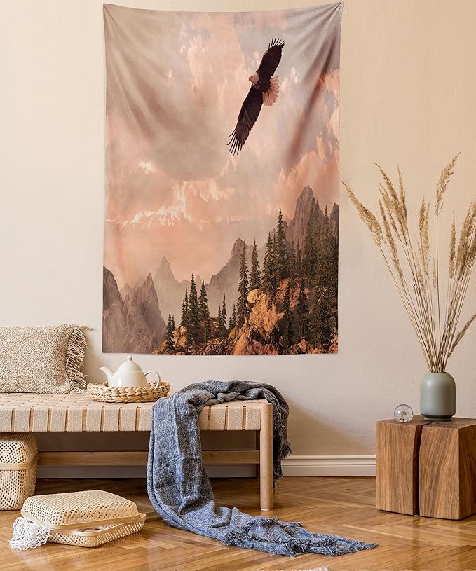 Ambesonne Eagle Tapestry, Nature Photography of Rocky Mountains and Forest a Bird Flying over It, Wall Hanging for Bedroom Living Room Dorm Decor, 60" X 80", Rose Green