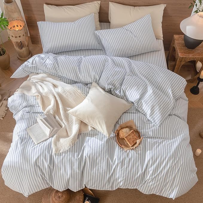 MooMee Striped Duvet Cover Set 100% Washed Cotton Linen Like Textured Breathable Durable Soft Comfy (Cornflower Blue White Classic Stripes, Cal King 104"x98")