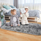 Noahas Oval Fluffy Grey Rainbow Rug 2.6X5.3 Small Kids Rugs for Bedroom Girls And Boys Aesthetic,Bedside Bedroom Rug,Ultra Soft Runner Carpet Modern Shaggy Nursery Area Rugs Home Deco