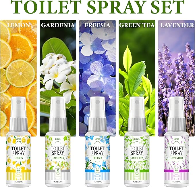 Toilet Spray, Bathroom Odor Eliminator, Each 1 Fl Oz Travel Size, Air Freshener Spray for Bathroom Deodorizer, 5 Pack Travel Essentials - Lemon, Gardenia, Freesia, Green Tea, Lavender
