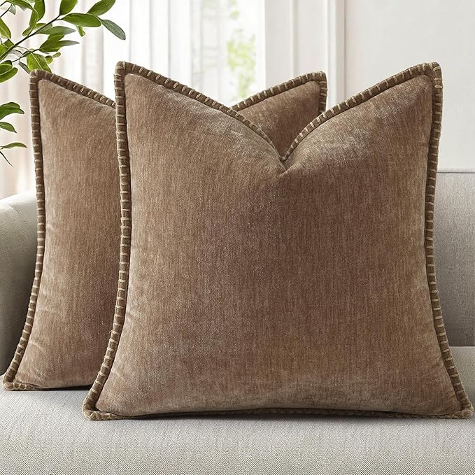 decorUhome Spring Chenille Soft Cozy Throw Pillow Covers 24x24 Set of 2, Modern Farmhouse Boho Velvet Decorative Euro Sham Pillow Cases with Stitched Edge for Couch Sofa Bed Home Decor, Brown