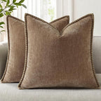 decorUhome Spring Chenille Soft Cozy Throw Pillow Covers 18x18 Set of 2, Modern Farmhouse Boho Velvet Decorative Pillow Cases with Stitched Edge for Couch Sofa Bed Home Decor, Brown