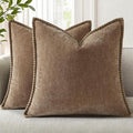 decorUhome Spring Chenille Soft Cozy Throw Pillow Covers 16x16 Set of 2, Modern Farmhouse Boho Velvet Decorative Pillow Cases with Stitched Edge for Couch Sofa Bed Home Decor, Brown