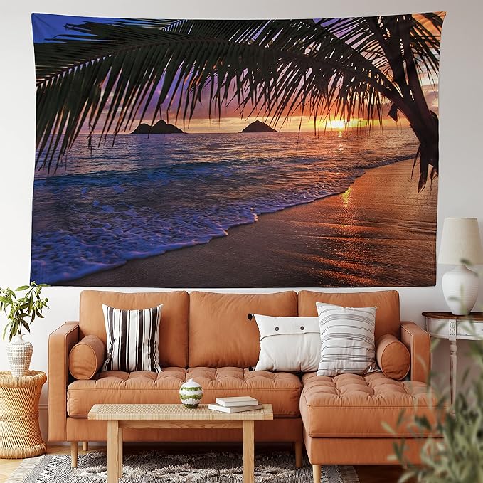 Ambesonne Hawaiian Tapestry, Pacific Sunrise at Lanikai Beach Hawaii Sandy Tropics Hills Leaves Landmark, Fabric Wall Hanging Decor for Bedroom Living Room Dorm, 28" X 23", Umber Purple