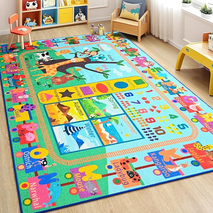 Kids Rug for Playroom, 4x6 ABC Educational Carpet for Classroom, Fun Alphabet Area Rugs for Learn Numbers Season Animal Weather and Shapes Playmat for Girls Boys Room Nursery Decor