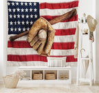 Ambesonne Baseball Tapestry King Size, Vintage Baseball League Equipment Usa Grunge Glove Bat Fielding Sports Theme, Wall Hanging Bedspread Bed Cover Wall Decor, 104" X 88", Red Brown