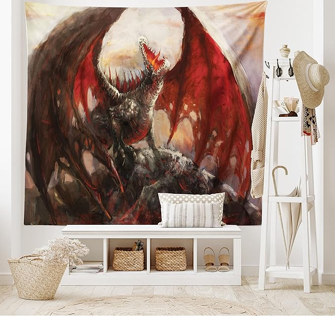 Ambesonne Fantasy World Tapestry, Majestic Dragon Resting on Mountain Mythological Fire-Spewing Creature Print, Fabric Wall Hanging Decor for Bedroom Living Room Dorm, 45" X 30", Brown Red
