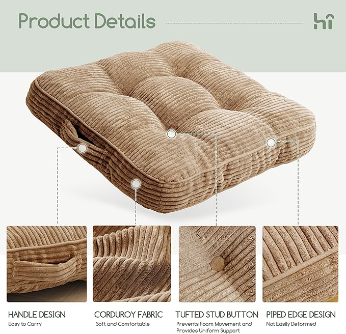HIGOGOGO Washable Floor Pillow Cushion for Adults, Meditation Cushion Pillow, Large Square Floor Sitting, Removable Tufted Corduroy Cover, for Tatami Living Room or Yoga, 22x22 Inch, Machine Washable