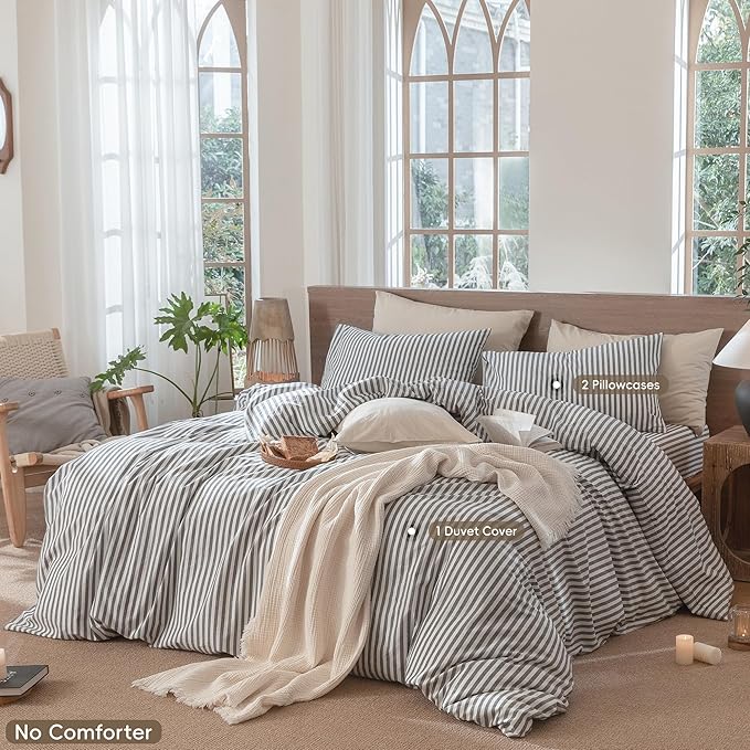 MooMee Striped Duvet Cover Set 100% Washed Cotton Linen Like Textured Breathable Durable Soft Comfy (Dark Grey White Classic Stripes, Super King 108"x98")