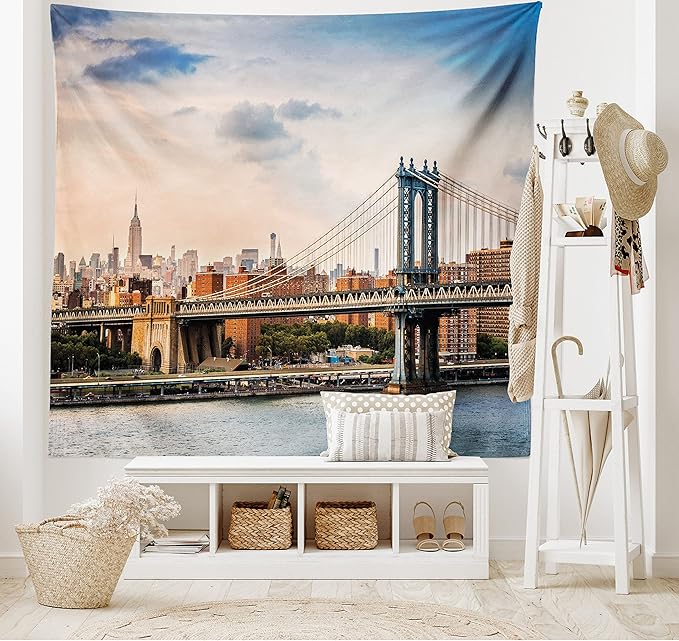 Ambesonne New York Tapestry King Size, Manhattan Bridge and the New York Skyline at Sunset East River Highrise Buildings, Wall Hanging Bedspread Bed Cover Wall Decor, 104" X 88", Camel Blue