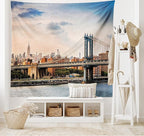Ambesonne New York Tapestry King Size, Manhattan Bridge and the New York Skyline at Sunset East River Highrise Buildings, Wall Hanging Bedspread Bed Cover Wall Decor, 104" X 88", Camel Blue
