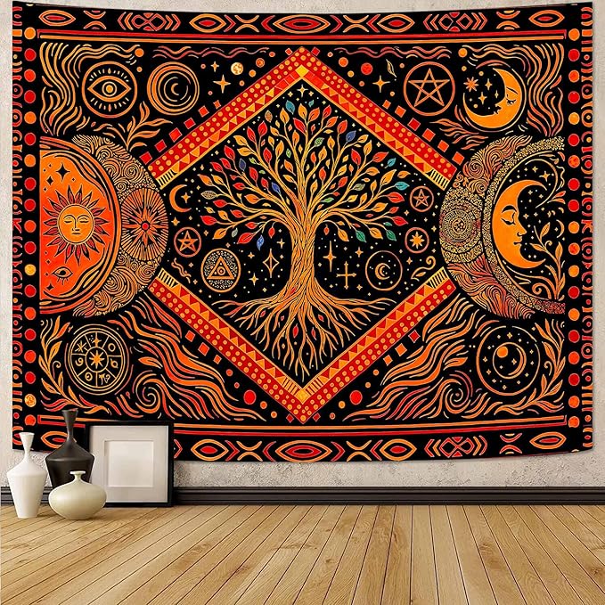 Lunerfex Tree of Life Sun Moon Stars Wall Tapestry, Cosmic Harmony Symbol Tapestries for Home Decor, Mystical Tapestry 80x60 Inch