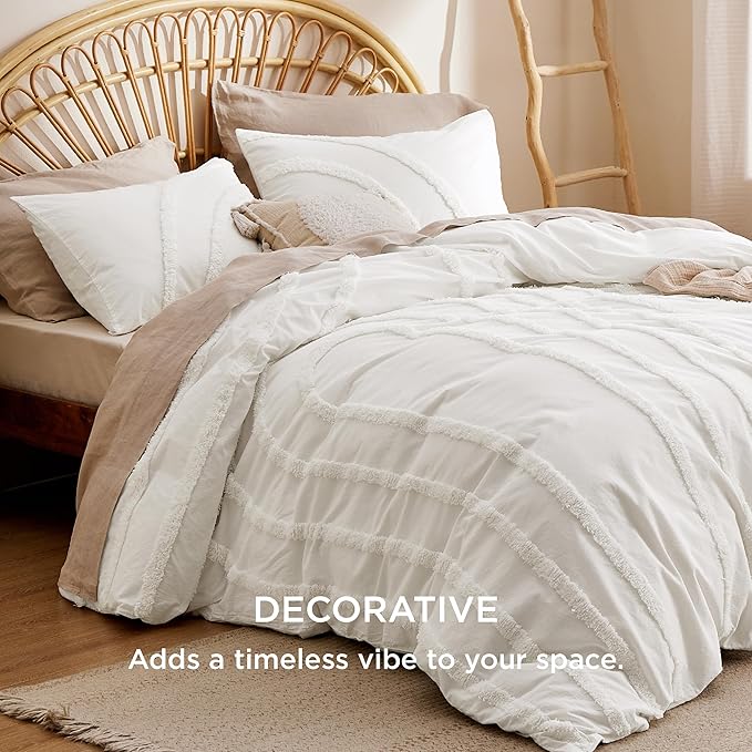Bedsure Cotton Duvet Cover Queen Size - Tufted Arch Design Duvet Cover Set, 3-Piece Shabby Chic Boho Bedding, Soft and Breathable Bedding Set for All Seasons (Beige, Queen, 90"x90")
