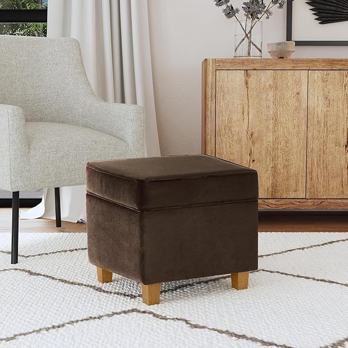 Homepop Home Decor Classic Square Storage Ottoman with Lift Off Lid | Ottoman with Storage for Living Room & Bedroom, Chocolate Brown Velvet