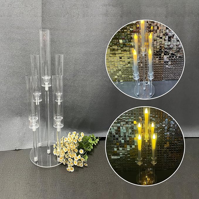 Clear 5 Arms Candlesticks Holder with Acrylic Shade for Wedding Table Decorations,26'' Tall Acrylic Candelabra Centerpieces for Candlelight Dinner Party Fireplace Gift Fit LED Candle（6 Pcs）