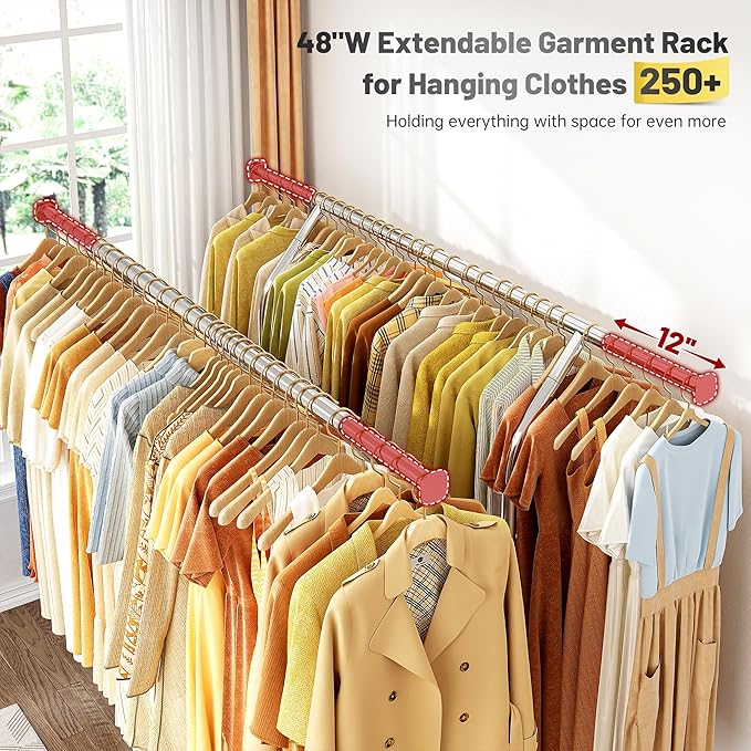 Raybee Heavy Duty Clothes Rack Load 630 LBS, Double Rods Rolling Clothing Rack with 360° Lockable Wheels, Easy Assembly, Portable Adjustable Garment Rack with Shelves for Home & Commercial, Chrome