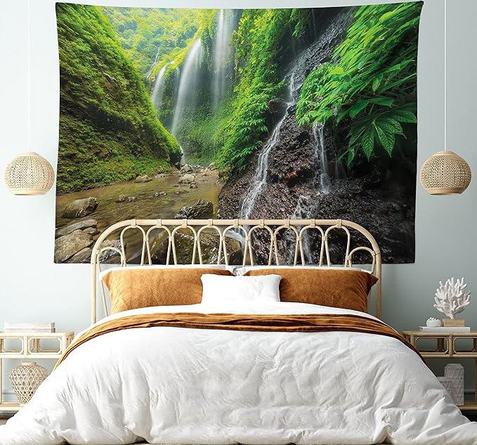 Ambesonne Waterfall Tapestry, Waterfalls Side Valley in Indonesia with Southeast Bushes Above Hills, Fabric Wall Hanging Decor for Bedroom Living Room Dorm, 28" X 23", Brown Green