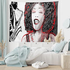Ambesonne African Tapestry, Afro Lady Singing a Jazz Song with Saxophone Player Silhouette Vintage Design, Fabric Wall Hanging Decor for Bedroom Living Room Dorm, 28" X 23", Black Pale Grey