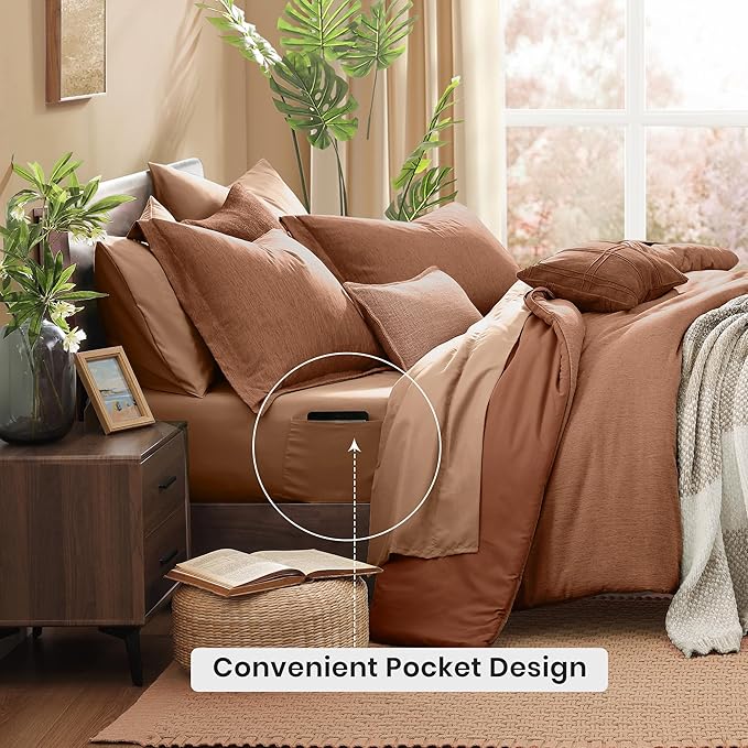Monbix Super King Plus Comforter Set, Autumn Leaf Cationic Dyeing Bedding Set Reversible, Bed in a Bag 7 Pieces with Comforter, Sheets, Pillowcases & Shams