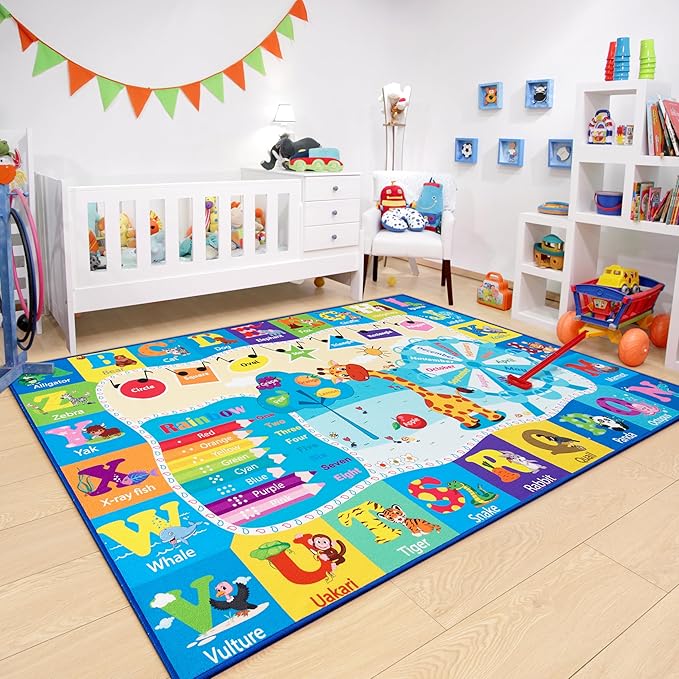 Chicrug Educational Kid Area Rug for Playroom, 9x12 Feet TPR Non Slip Kids Classroom Carpet Rug for Learning ABC Animal Shape Color Fruit, Washable Play Mat Rug for Children Nursery Toddler Room Decor