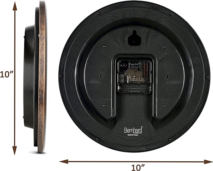 Bernhard Products Wall Clock 12 Inch Silent Non Ticking Movement Quality Quartz Battery Operated Round Easy to Read Decorative Brown Home/Kitchen/Office/Bedroom/Classroom/School Clocks, Black Numbers