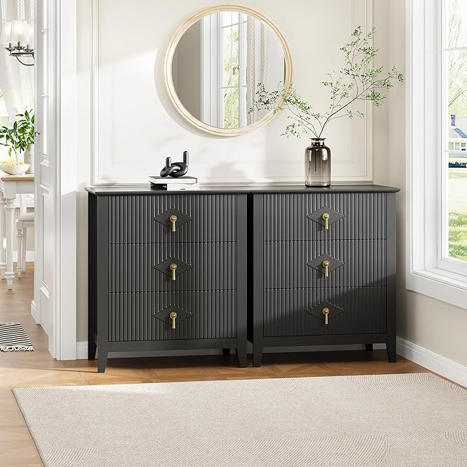 GarveeHome 2Pcs Wood Nightstand Fluted Dresser for Bedroom, 27.5" Wide 3-Drawer Bedside Tables, Modern Chest of Drawers, Storage End Table Living Room, Hallway, Entryway, Black
